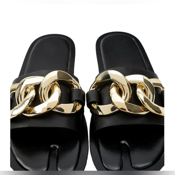 Black chain embellished slides. - Picture 2 of 2